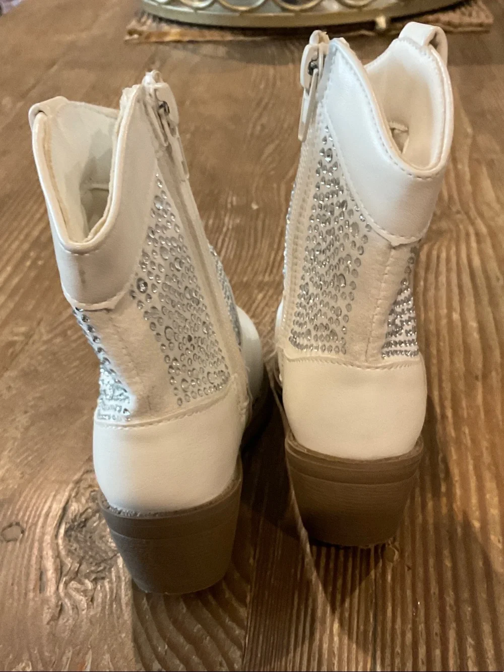 Girls White Rhinestone Pull-On Boots with Side Zipper